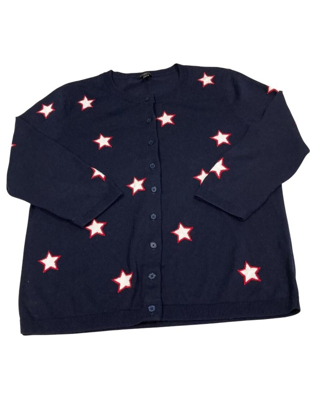 Talbots Patriotic Star Print Cardigan Sweater PL Navy Blue Celestial Americana